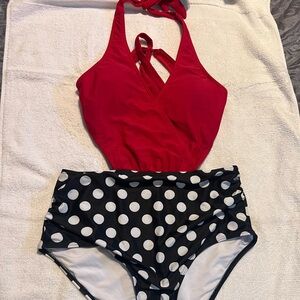 Red and Black Polka Dot woman’s One Piece Swimsuit
